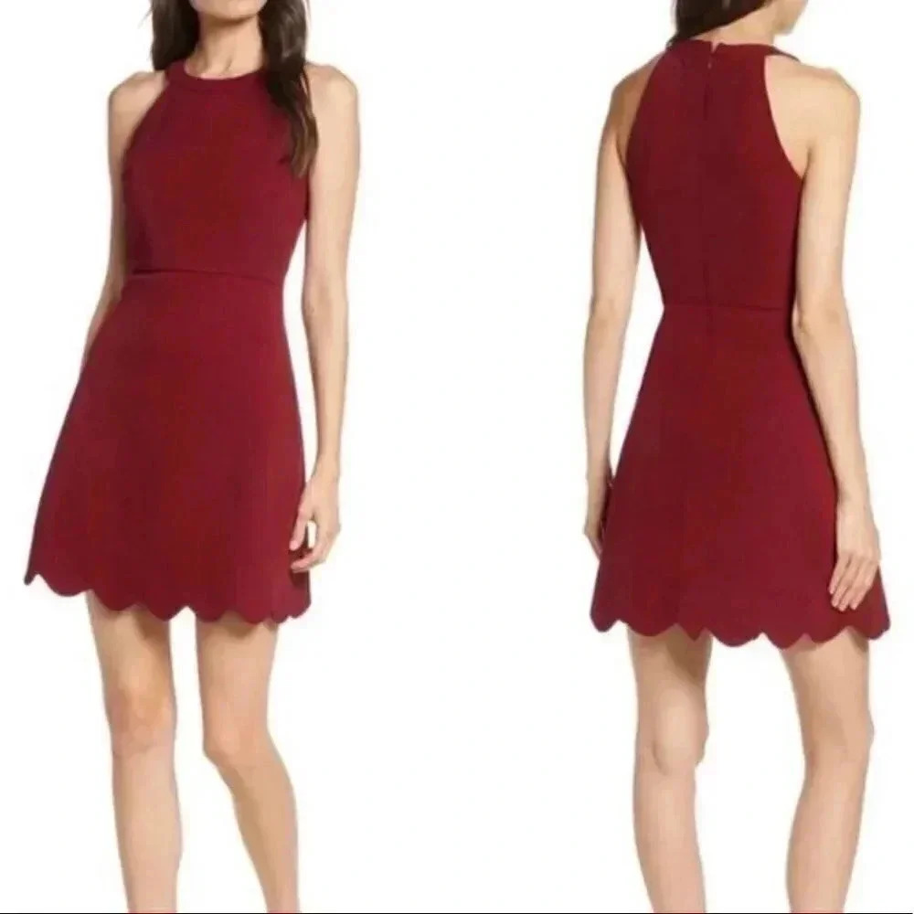 Lulus Sleeveless Skater Dress Scollop Hem Maroon Size XL Berry